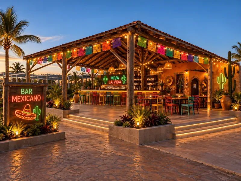 Bar mexicano iluminado ao entardecer