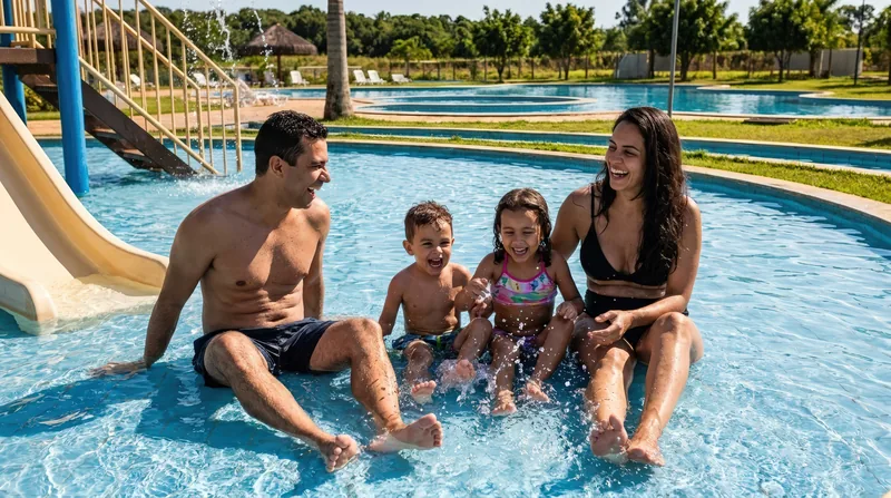 Família sentada na piscina