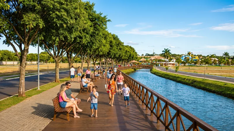 Passeio de madeira às margens do canal