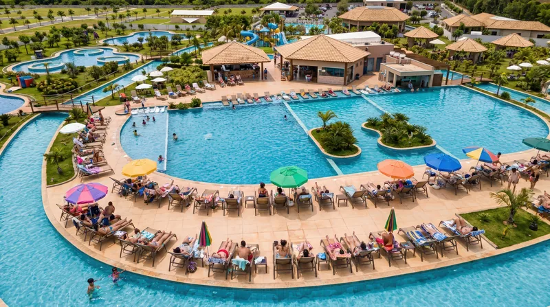 Piscina com guarda-sóis coloridos
