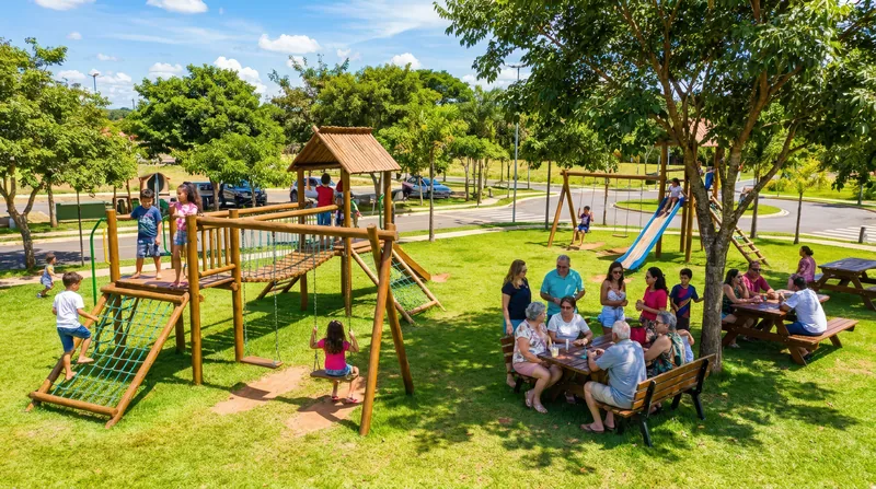 Playground com famílias à sombra