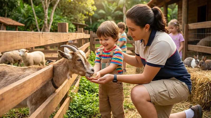 Monitora e criança alimentando cabras
