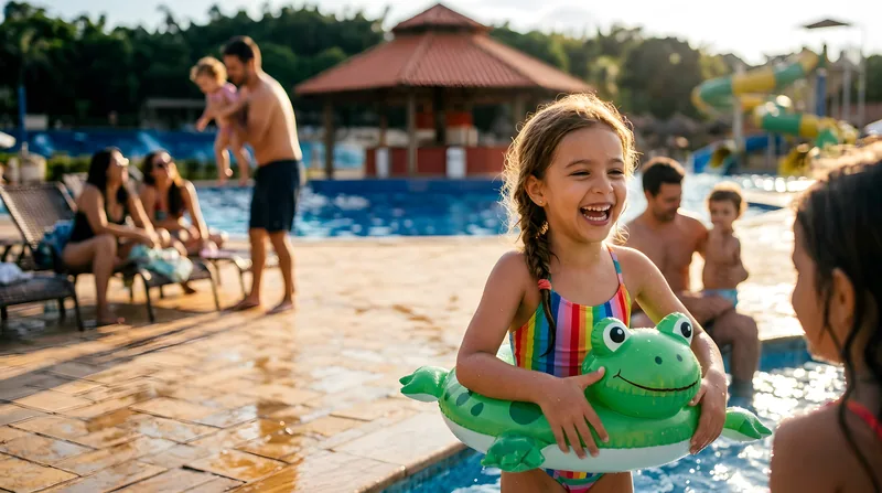 Menina com boia de sapo sorrindo