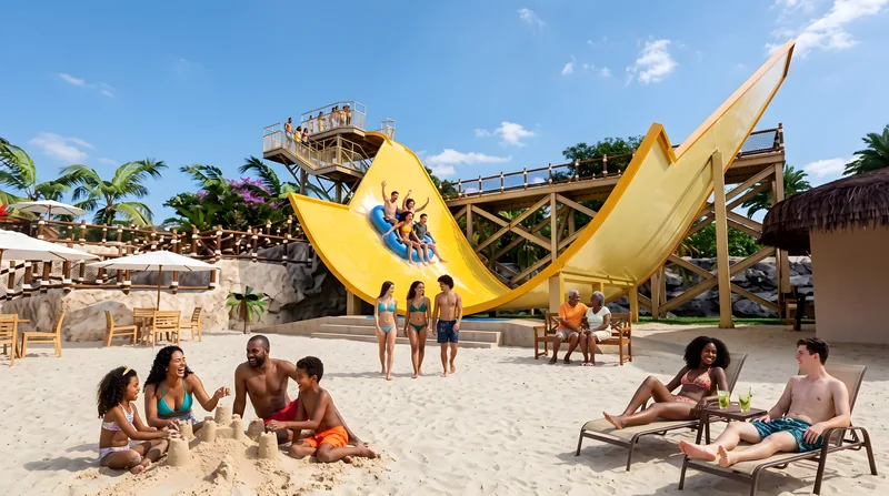 Toboágua em forma de onda amarela com famílias na areia