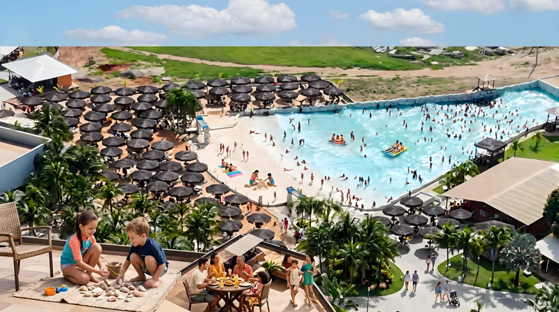 Piscina de ondas com guarda-sóis