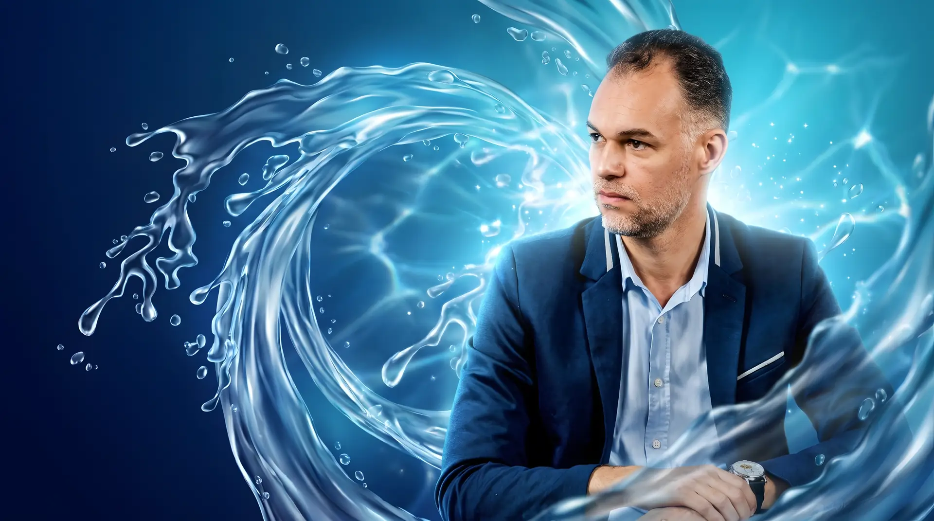 Guilherme Hollanda, de paletó azul-marinho, diante de uma onda de água azul em movimento